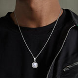 Men's Geometric Square Stone Necklace, 15mm Shell Pendant with Box Chain