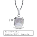 Men's Geometric Square Stone Necklace, 15mm Shell Pendant with Box Chain