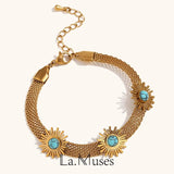 Muses Turquoise Sunflower Mesh Chain Bracelet 18K Plated Stainless Steel