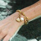 18K Plated Shell Pearl Bracelet Double Cuban Chain Chunky Party Jewelry