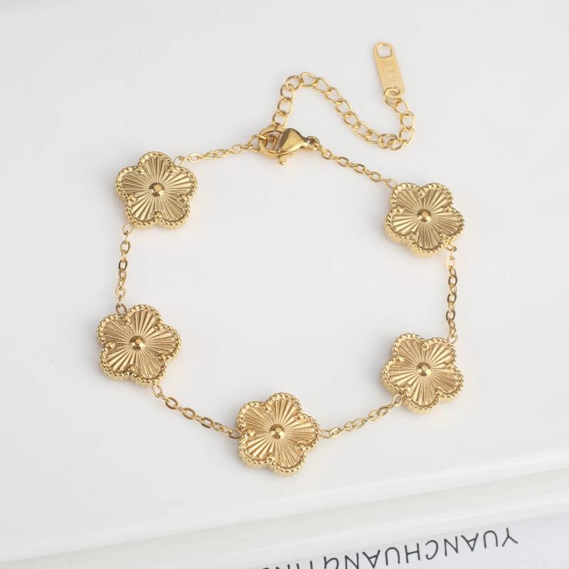 Stainless Steel Laser Five Leaf Flower Petal Adjustable Clover Bracelet