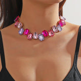 Pink Crystal Choker Necklace Geometric Clavicle Chain for Women