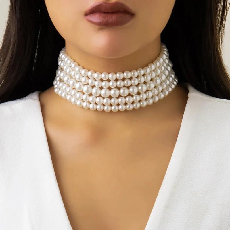 Vintage Pearl Multi-Layer Necklace Oval Beads Choker Collar for Women