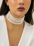 Vintage Pearl Multi-Layer Necklace Oval Beads Choker Collar for Women