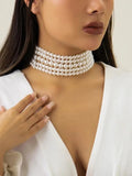 Vintage Pearl Multi-Layer Necklace Oval Beads Choker Collar for Women