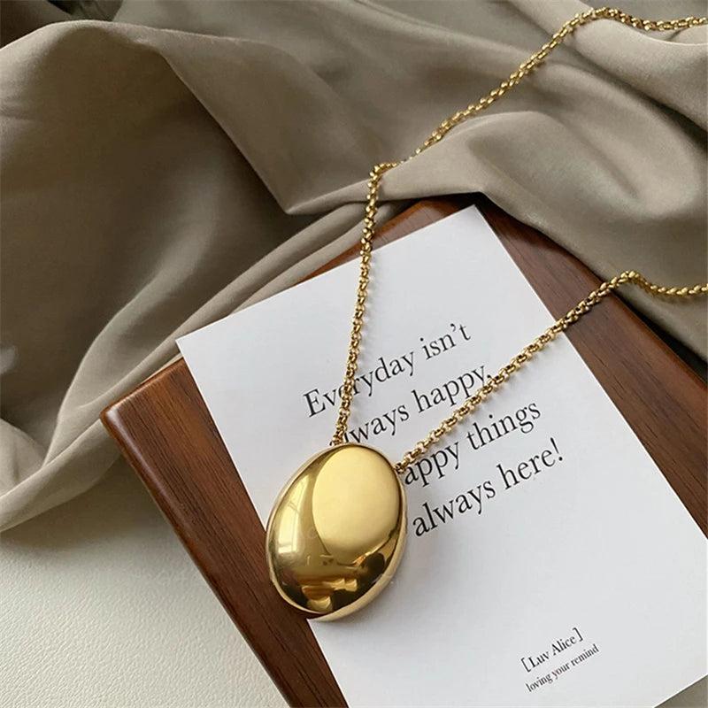 Oval Metal Necklace for Women Long Sweater Chain Charm Jewelry