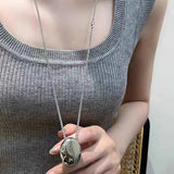 Oval Metal Necklace for Women Long Sweater Chain Charm Jewelry