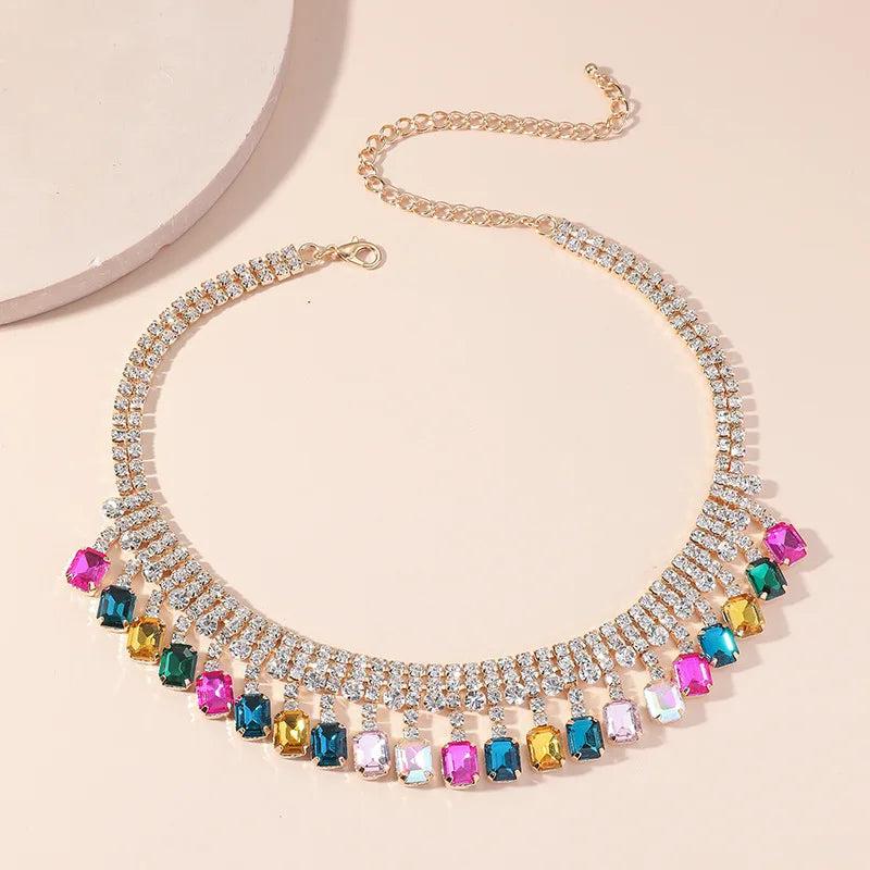 Colorful Crystal Choker Necklace Geometric Clavicle Chain Statement Jewelry