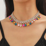 Colorful Crystal Choker Necklace Geometric Clavicle Chain Statement Jewelry