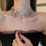 Square Crystal Choker Tassel Necklace for Women