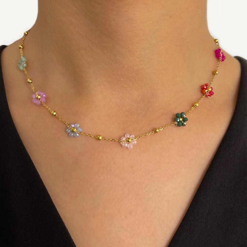 Rainbow Beaded Floral Choker Necklace Stainless Steel Plated Chain