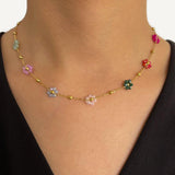 Rainbow Beaded Floral Choker Necklace Stainless Steel Plated Chain
