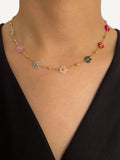 Rainbow Beaded Floral Choker Necklace Stainless Steel Plated Chain