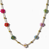 Rainbow Beaded Floral Choker Necklace Stainless Steel Plated Chain