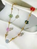 Rainbow Beaded Floral Choker Necklace Stainless Steel Plated Chain