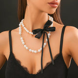 Gothic Ribbon Bow Necklace Double Layered Pearl Chain