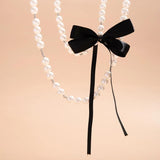 Gothic Ribbon Bow Necklace Double Layered Pearl Chain