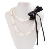 Gothic Ribbon Bow Necklace Double Layered Pearl Chain