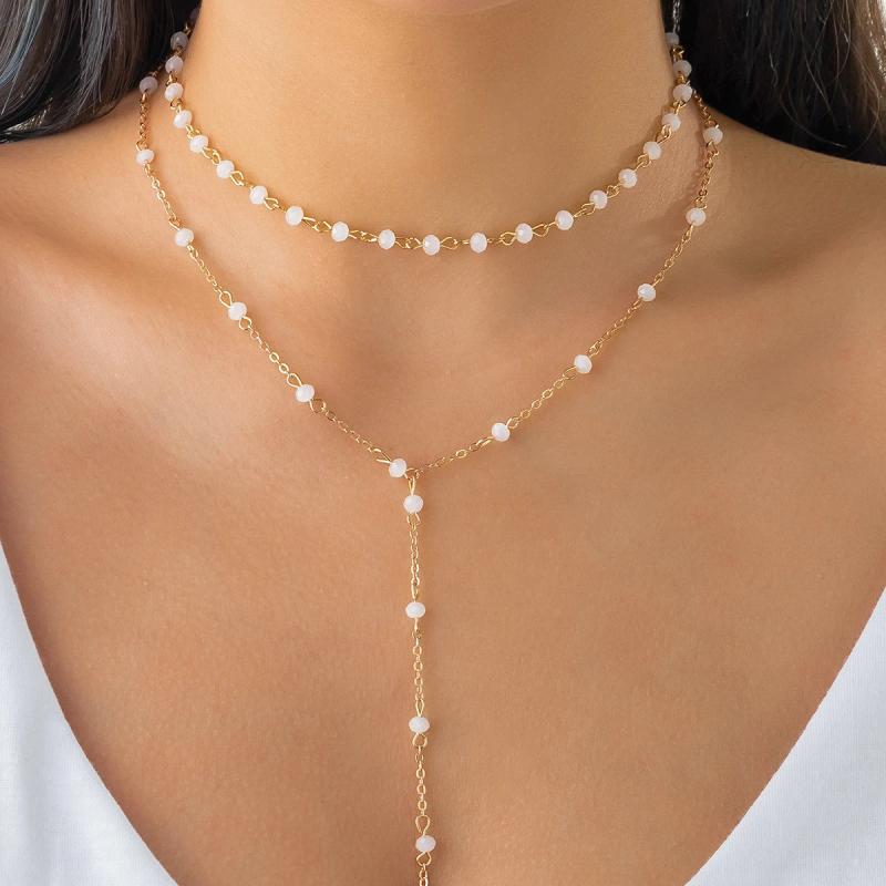 Crystal Beads Necklace Choker Double Layers Tassel Chest Chain Women's Jewelry