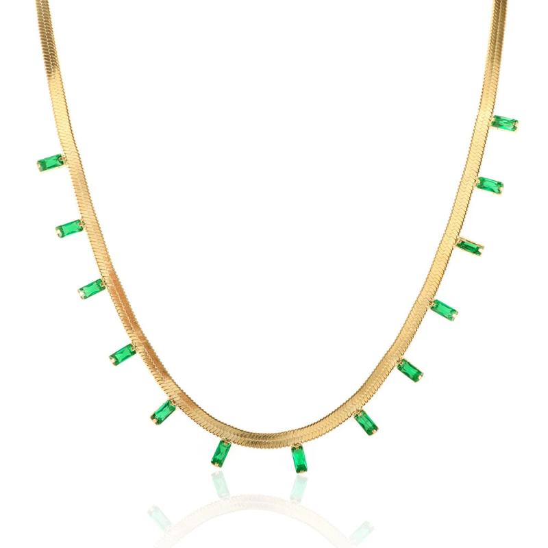 Colorful Zircon Crystal Necklace Stainless Steel Chain Emerald Chokers