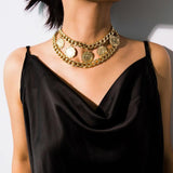 Layered Chain with Coin Pendant Necklace for Women Punk Choker Collar Jewelry