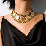 Layered Chain with Coin Pendant Necklace for Women Punk Choker Collar Jewelry