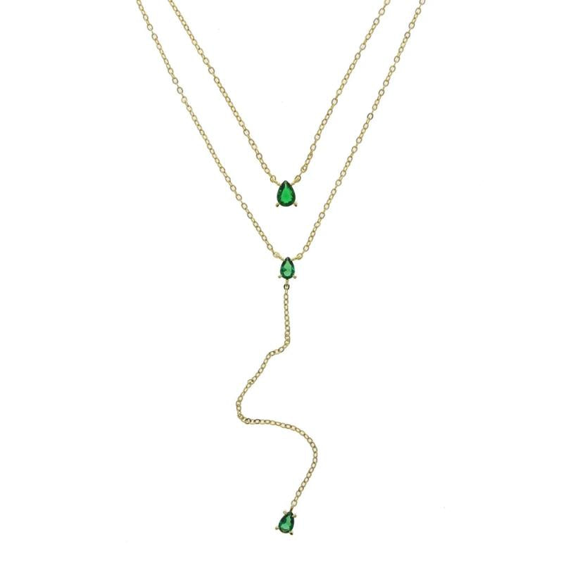Green Tear Drop Charm Necklace Silver Double Chain Long pendant sexy Choker
