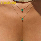 Green Tear Drop Charm Necklace Silver Double Chain Long pendant sexy Choker