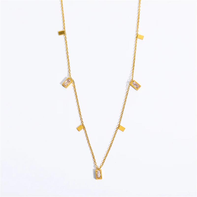 Stainless Steel Chain Choker Necklace with Zirconia Pendant