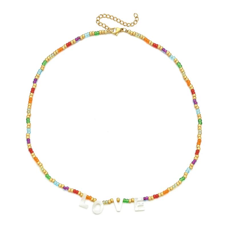 Boho Glass Bead Necklace Love Letter Choker Colorful Beach Jewelry
