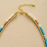 Plated Turquoises Seed Beads 2 Layered Necklace Women Choker Jewelry