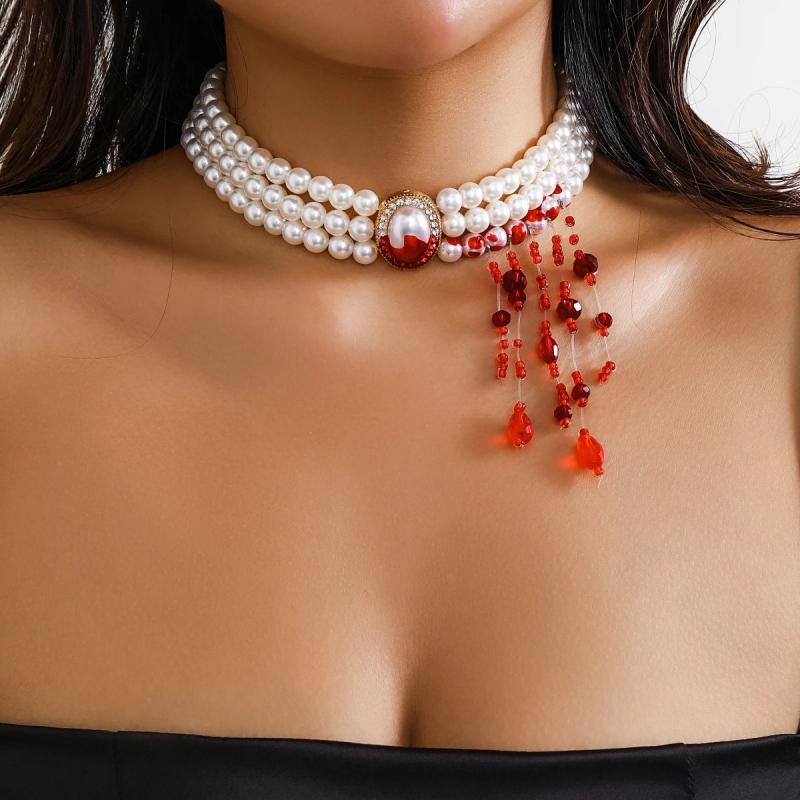 Simulated Pearl Rhinestone Oval Pendant Necklace Red Crystal Tassels Choker