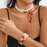 Simulated Pearl Rhinestone Oval Pendant Necklace Red Crystal Tassels Choker