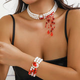 Simulated Pearl Rhinestone Oval Pendant Necklace Red Crystal Tassels Choker