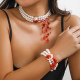 Simulated Pearl Rhinestone Oval Pendant Necklace Red Crystal Tassels Choker