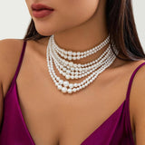 Multilayer Pearl Choker Wide Bib Necklace for Women