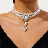 Vintage Multi-layer Pearl Beaded Choker Necklace Green Rhinestone Droplet Long