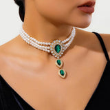 Vintage Multi-layer Pearl Beaded Choker Necklace Green Rhinestone Droplet Long