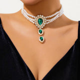 Vintage Multi-layer Pearl Beaded Choker Necklace Green Rhinestone Droplet Long