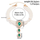 Vintage Multi-layer Pearl Beaded Choker Necklace Green Rhinestone Droplet Long