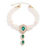 Vintage Multi-layer Pearl Beaded Choker Necklace Green Rhinestone Droplet Long