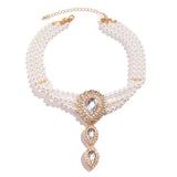Vintage Multi-layer Pearl Beaded Choker Necklace Green Rhinestone Droplet Long