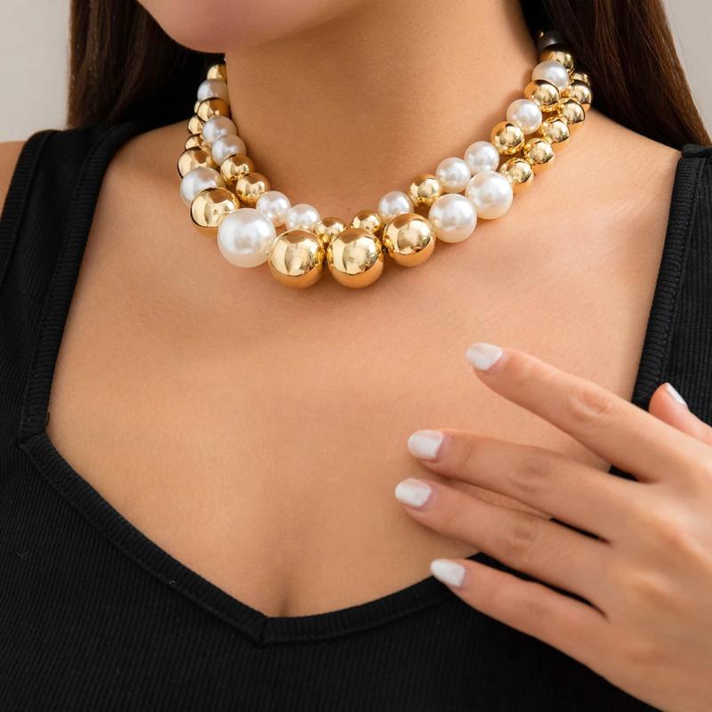 Pearl Beaded Short Choker Necklace Layered Chains Collar Accessories