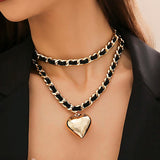 Heart Pendant Necklace Leather Rope Chain Elegant Jewelry
