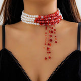 Gothic Blood Pearl Chain Necklace Crystal Tassel Choker