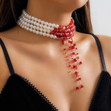 Gothic Blood Pearl Chain Necklace Crystal Tassel Choker