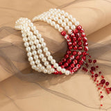 Gothic Blood Pearl Chain Necklace Crystal Tassel Choker