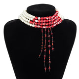 Gothic Blood Pearl Chain Necklace Crystal Tassel Choker