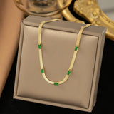 Flat Snake Chain Choker Necklace Stainless Steel Green CZ Necklace