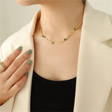 Flat Snake Chain Choker Necklace Stainless Steel Green CZ Necklace